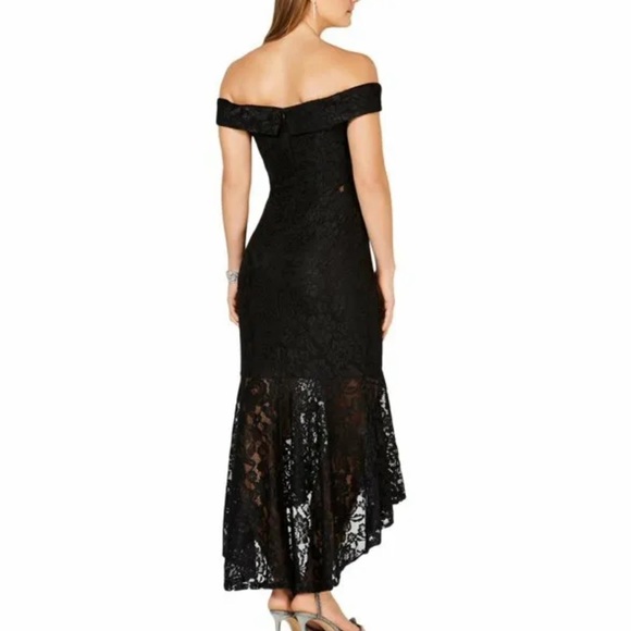 XSCAPE Dress Size 4 Black Allover Lace Off The Shoulder Midi Hi-Low - Picture 4 of 7